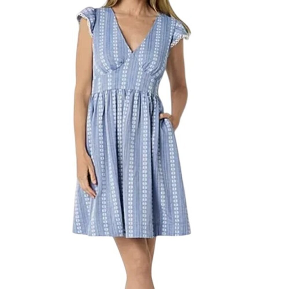 Peyton&Parker Milkmaid Dress Cottagecore Blue White Cap Sleeve Lg